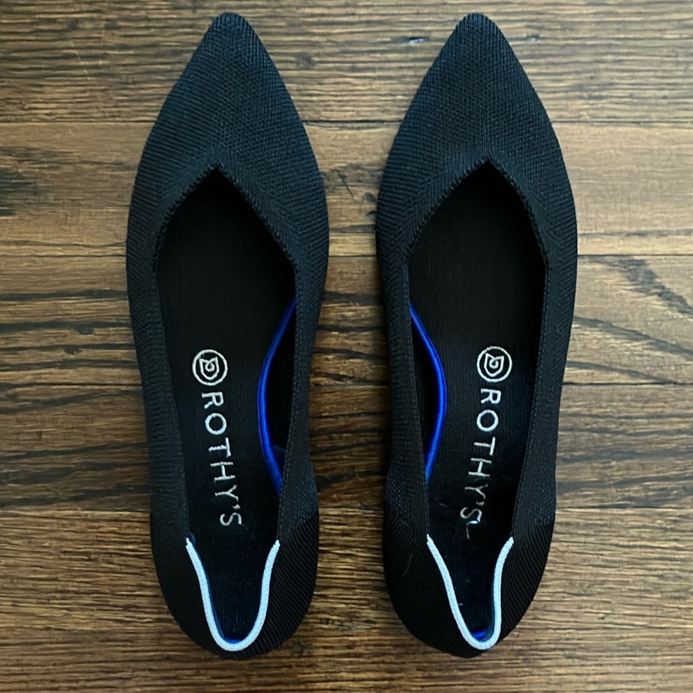 Rothy's Black Pointed Toe Flats with White Trim
